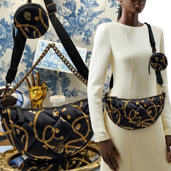 🆕 KURT GEIGER LONDON 🧿 NWOT Recycled Nylon Moon Quilted Crossbody, Black Chain - Picture 1 of 16